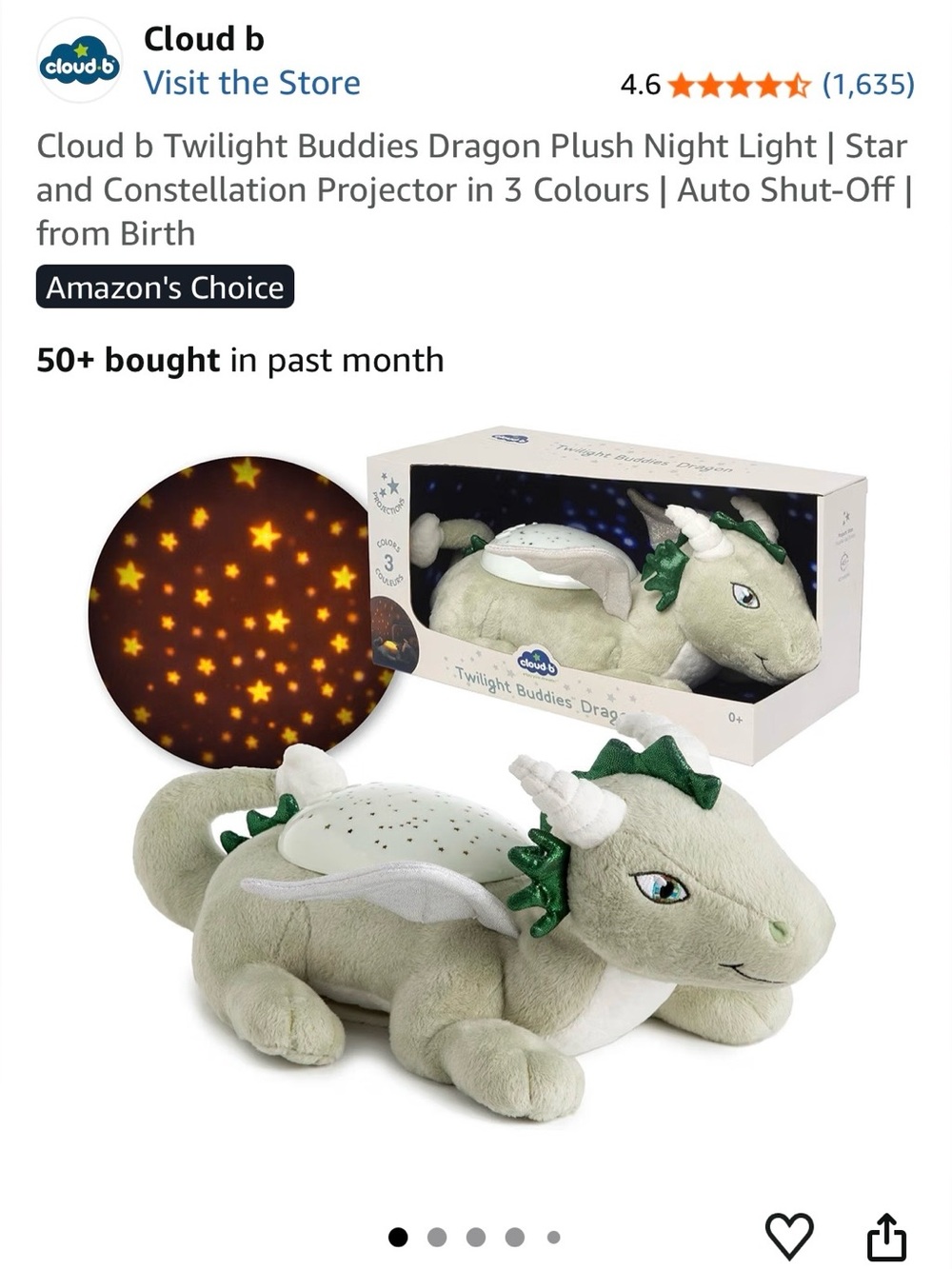 Cloud B Sage Green Dragon Plush Night Light with Star Projector Bundle for Baby